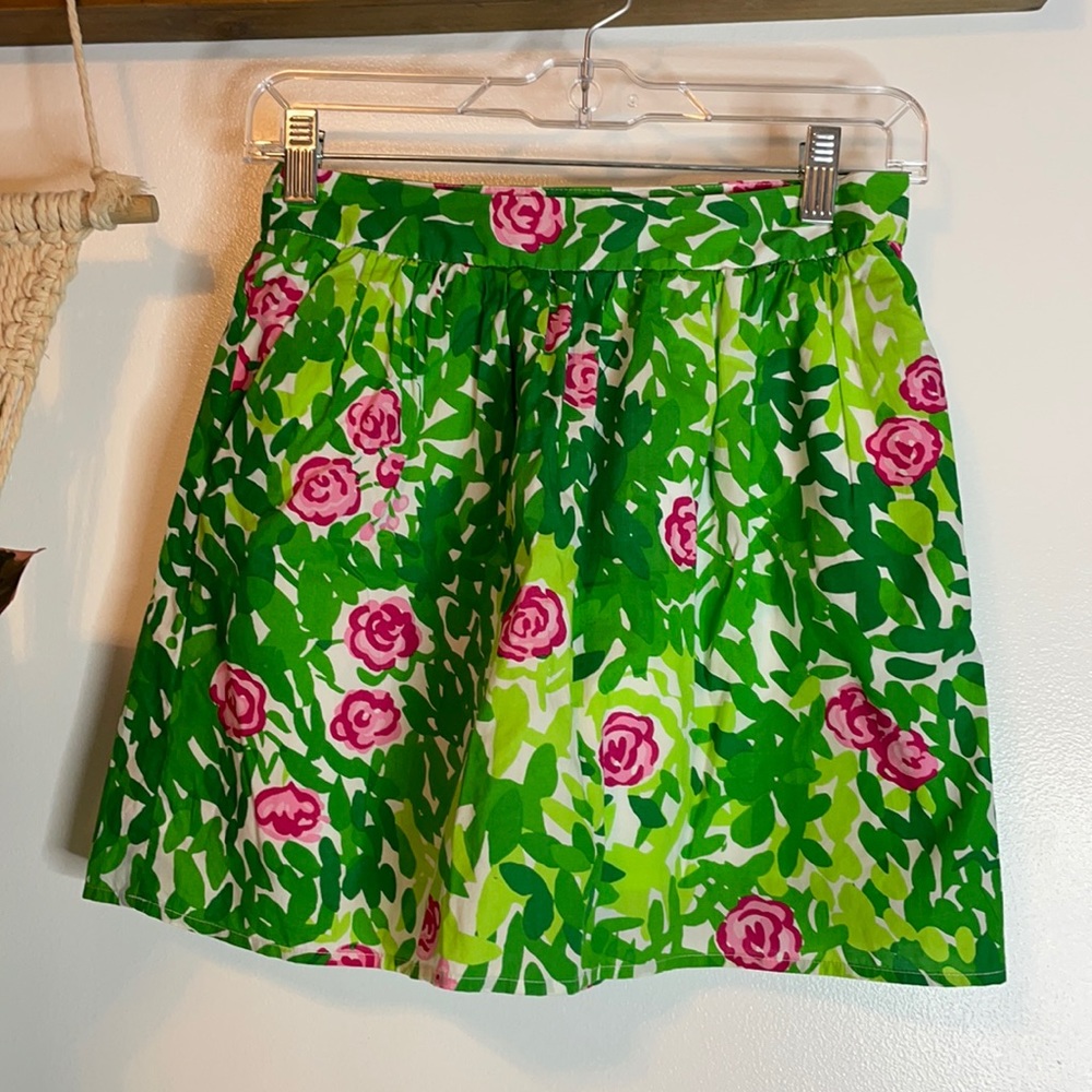 Lilly Pulitzer pink green mini skirt Whitley Dashing Pink Rose flounce floral